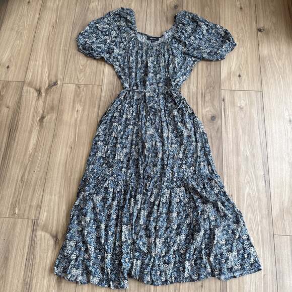 Karen Kane Dresses & Skirts - KAREN KANE Womens Size XL Blue Floral Puff Sleeve Scoop Neck Tiered Maxi Dress